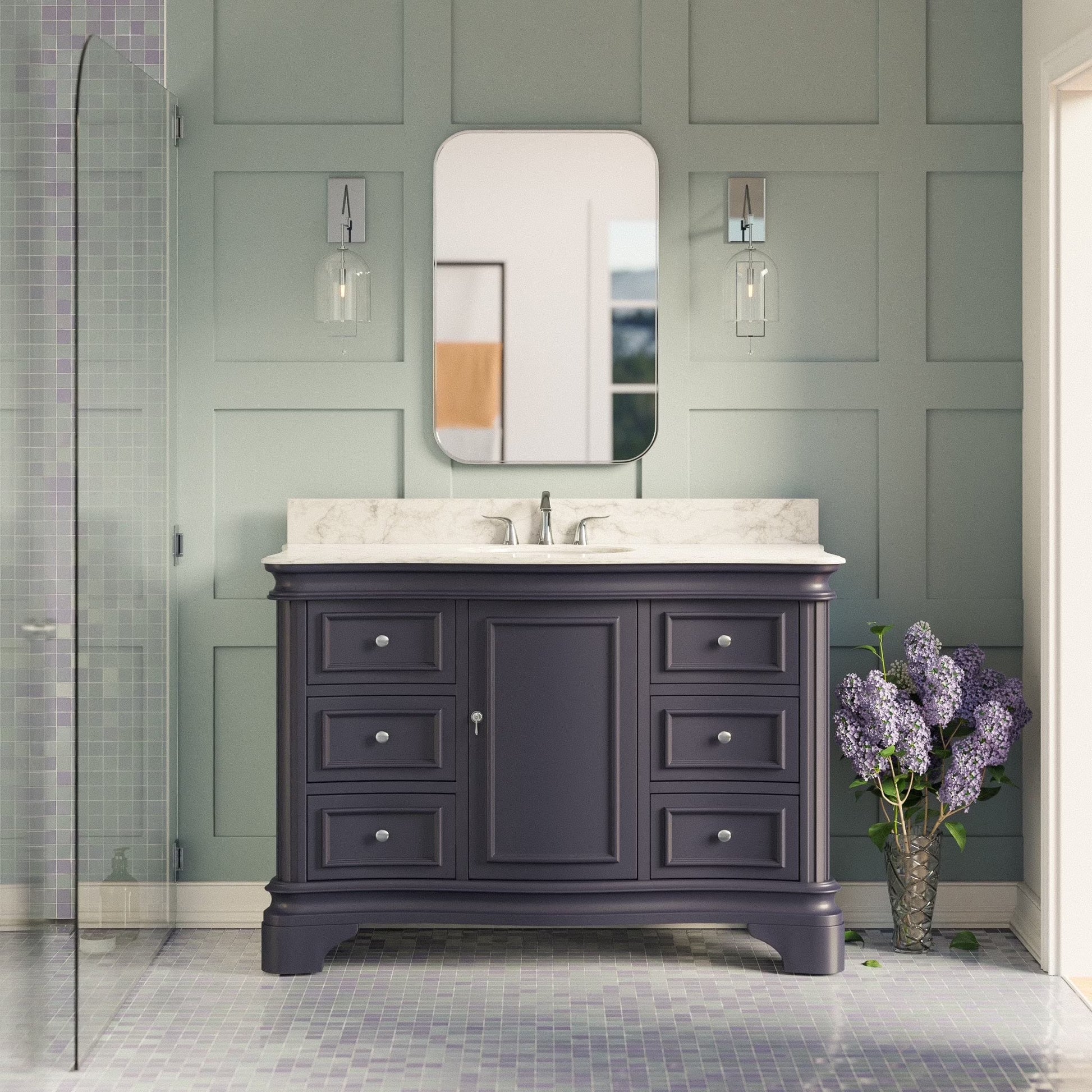 Katherine 48" Bathroom Vanity with Royal Blue Cabinet and Carrara Marble Top