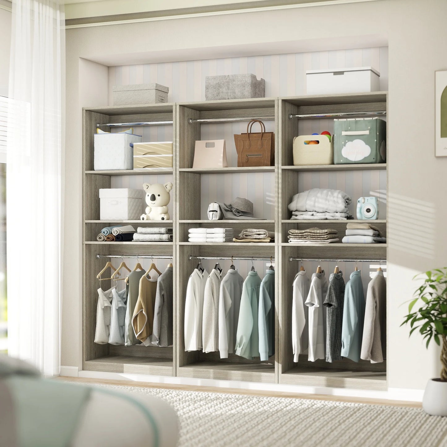 Homieasy 25°?Closet System, Freestanding Closet Organizer Wardrobe with Hanging Rods and Shelves, Adjustable Clothes Garment Rack, Sturdy Walk in Closet Tower, White