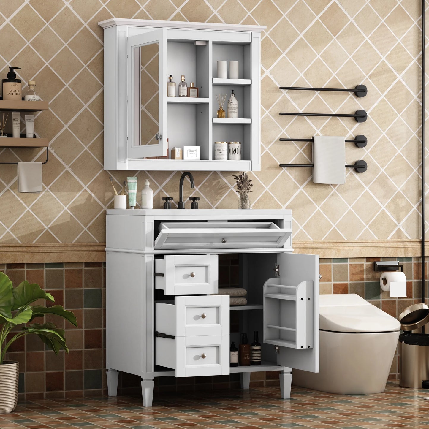 30'' Bathroom Vanity with Top Sink, Freestanding Vanity Set with Mirror Cabinet,Green