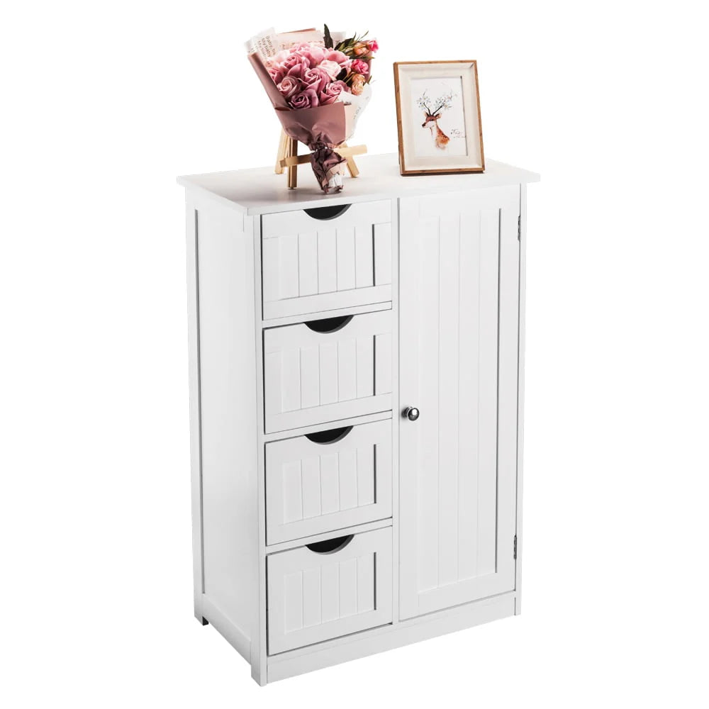 Ktaxon Wooden Bathroom Floor Cabinet,Side Storage Organizer Cabinet with 4 Drawers,1 Cupboard & 2-Shelves,MDF,White