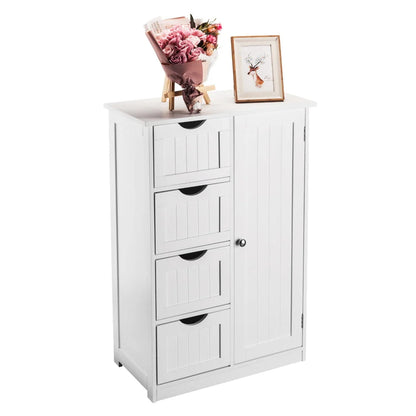 Ktaxon Wooden Bathroom Floor Cabinet,Side Storage Organizer Cabinet with 4 Drawers,1 Cupboard & 2-Shelves,MDF,White