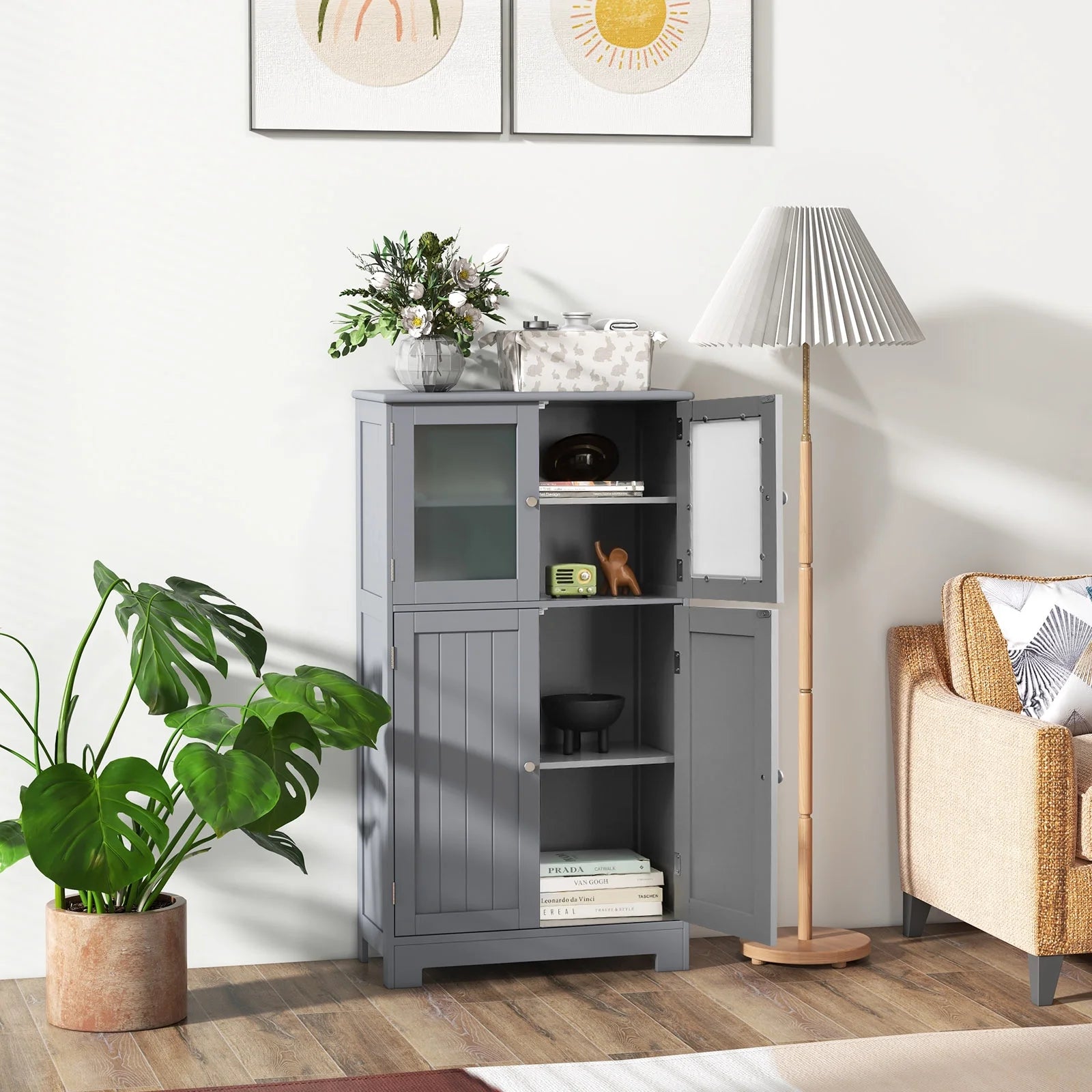 Topbuy Bathroom Storage Cabinet Freestanding Storage Cabinet w/4 Doors Wooden Kitchen Cupboard w/Adjustable Shelf