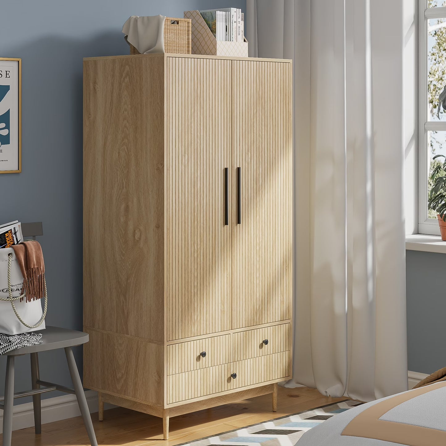 Armoire Wardrobe Closet, Closet Wardrobe Cabinet with Drawers and Hanging Rail for Bedroom, White