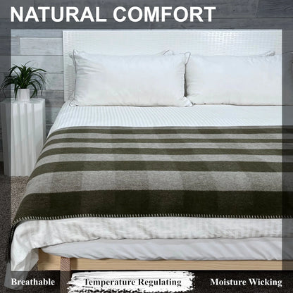 EKTOS 90% Wool Plaid Blankets, 66" x 90", Wool Camp Blanket, Warm Outdoor Blanket (Olive Green)