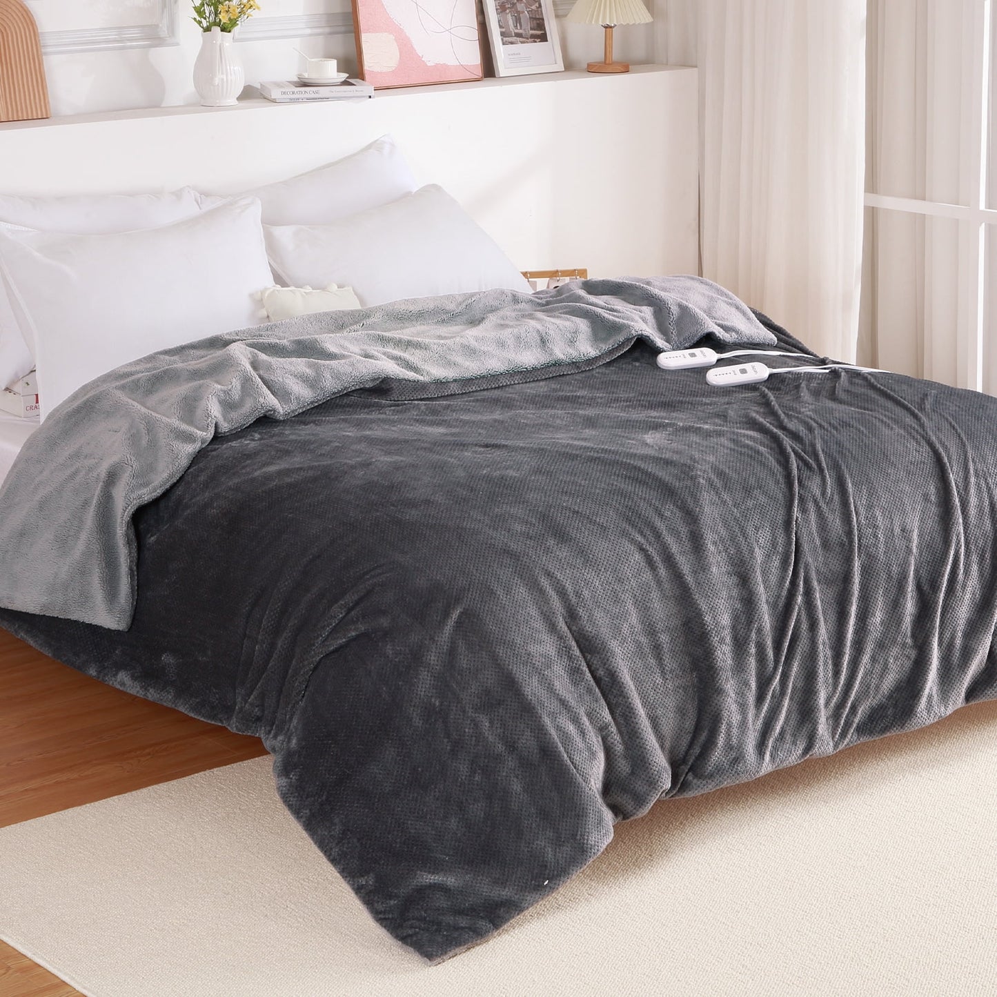 GAOMON Electric Heated Blanket King Size with Dual Control - Sherpa Throw Blanket with 4 Fast Heating Levels & 10 Hours Auto Off, Machine Washable, ETL Certified, Gray