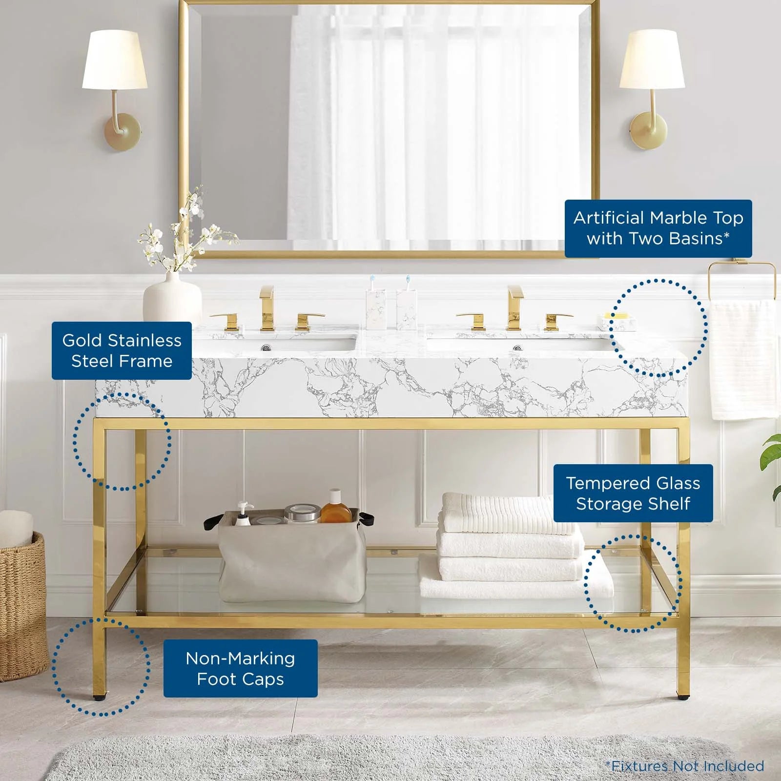 Modway Kingsley 60" Gold Stainless Steel Bathroom Vanity in Gold White