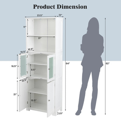 Gymax Bathroom Tall Storage Cabinet Linen Tower w/Glass Door & Adjustable Shelf Grey