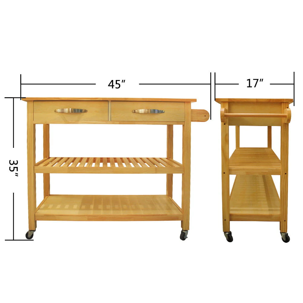 Visentor Kitchen Island Cart with Lockable Wheels, 3 Tier Rolling Utility Kitchen Storage Carts Table with 2 Drawers, 2 Shelves & Towel Rack, 45 Inch, Natural