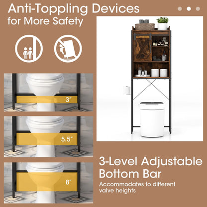 Topbuy Over The Toilet Storage Cabinet 4-Tier Bathroom Organizer w/Adjustable Shelves Sliding Barn Door & Toilet Paper Holder Rustic Brown