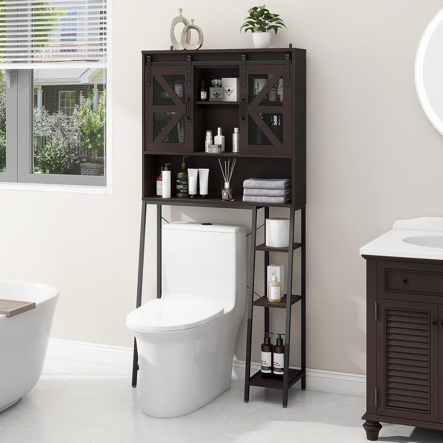 Vabches Over The Toilet Storage Cabinet with Toilet Paper Holder Stand, Above Toilet with Adjustable Shelf & 2 Doors