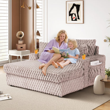 Aukfa Oversized Chaise Lounge Loveseat Couch with 2 Cup Holders& Throw Pillows, Fluffy Corduroy, Olive Green