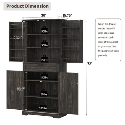 FUSOU 72'' Kitchen Storage Pantry Cabinet, Tall Storage Cabinet with 8 Door Shelves, 2 Cabinets and 1 Drawer, Freestanding Cupboard for Kitchen, Dining Room, Bathroom, Laundry