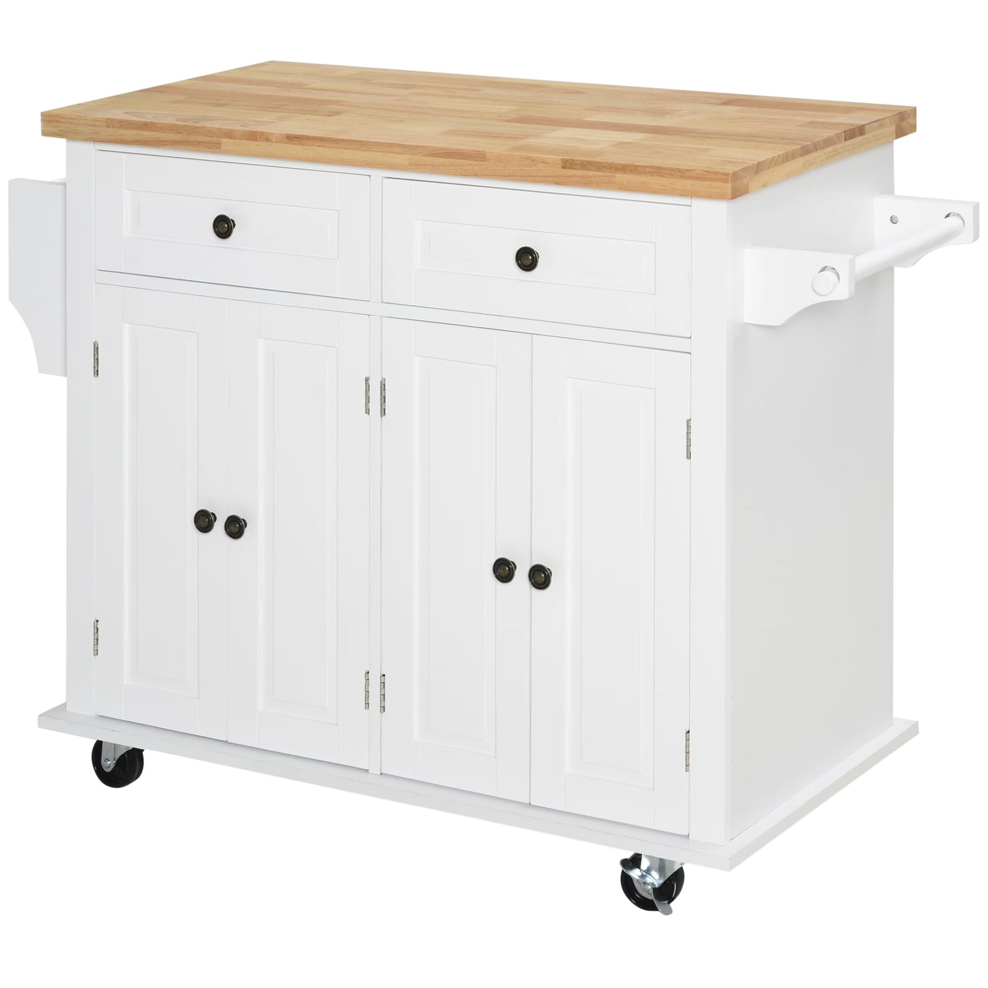 HOMCOM Kitchen Island on Wheels, Rolling Cart with Rubberwood Top, Spice Rack, Towel Rack