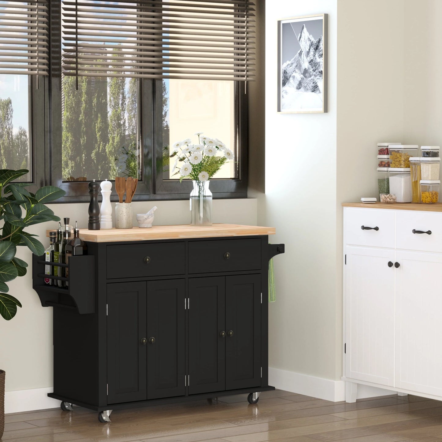 HomCom Rolling Kitchen Island Cart with Rubber Wood Top, Spice Rack, Towel Rack & Drawers