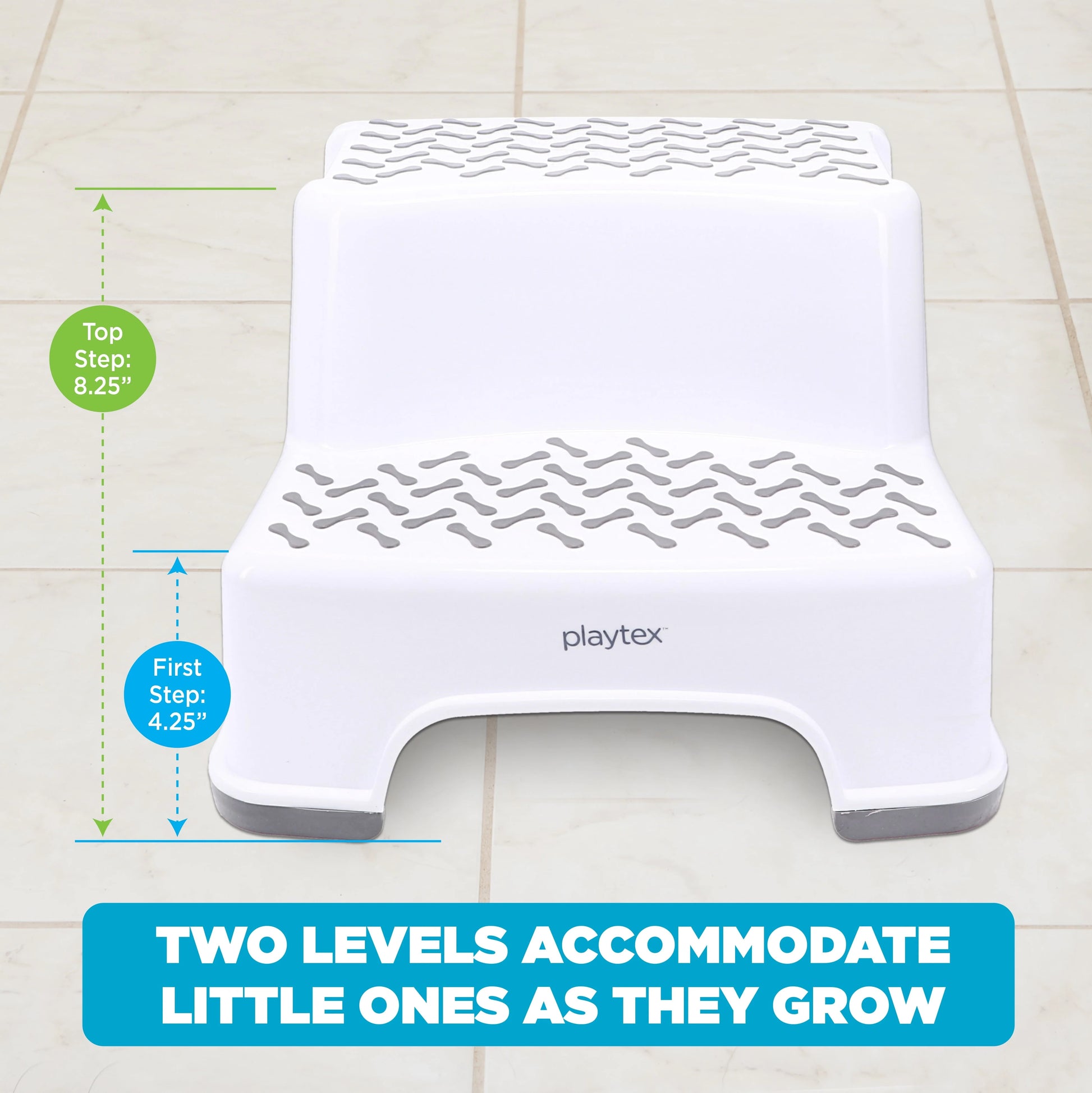 Playtex White 2-Tier Step Stool, Kids Bathroom and Bedroom Plastic Step Stool