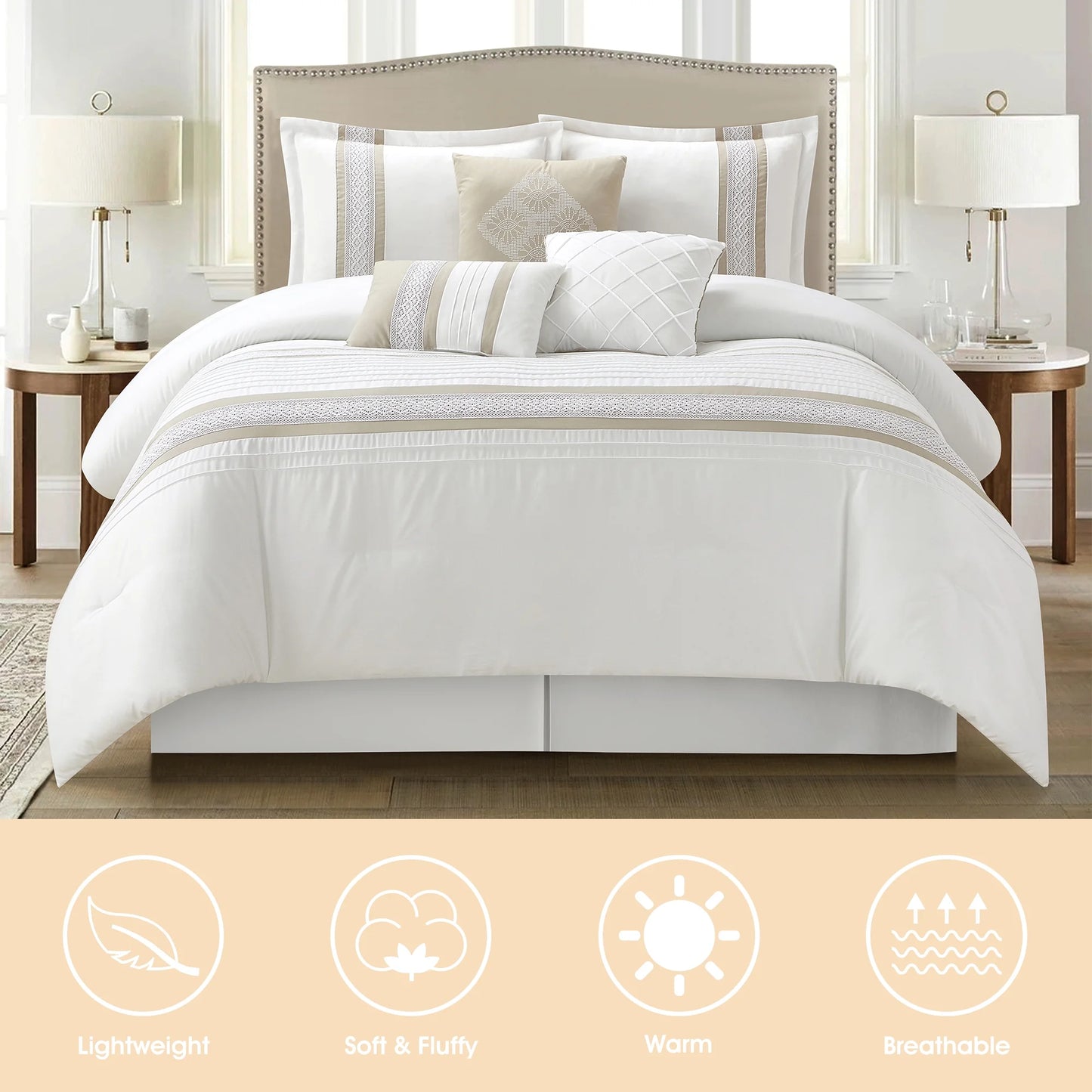 Lanco Striped 7 Piece Taupe Comforter Set, King Size Microfiber Bedding, All Season Bedding Set, Bed Skirt, Pillows & Shams
