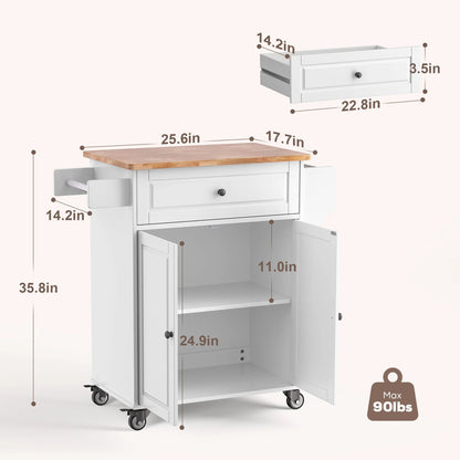 Kitchen Island with Storage on Wheels, Microwave Cart with Spice Rack, Towel Rack & Drawer, White