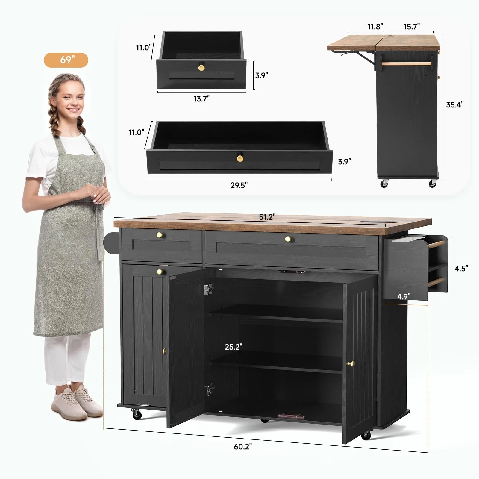 Onbrill Kitchen Island w/Outlet& Towel Rack, 60" Kitchen Storage Cart w/Foldable Countertop, Black