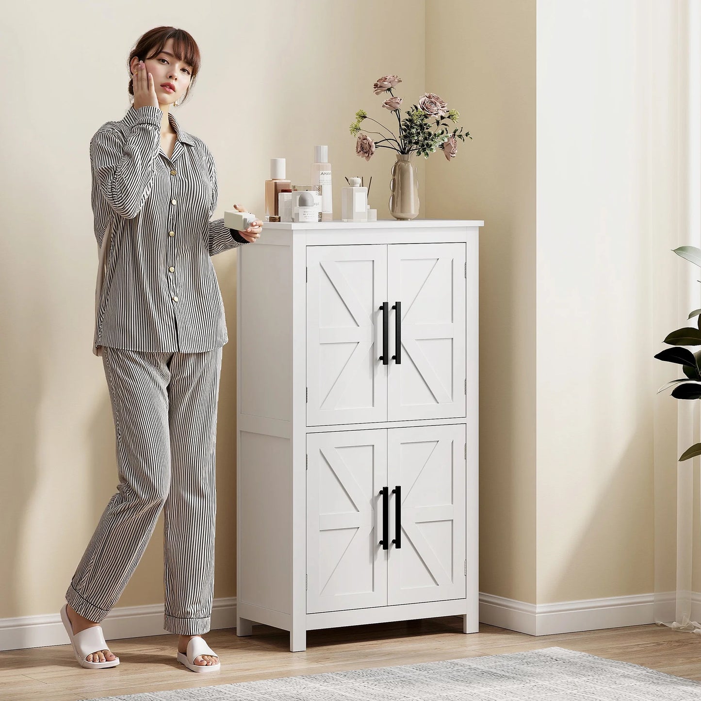 HOMCOM Bathroom Floor Cabinet, Farmhouse Bathroom Cabinet with Doors, White