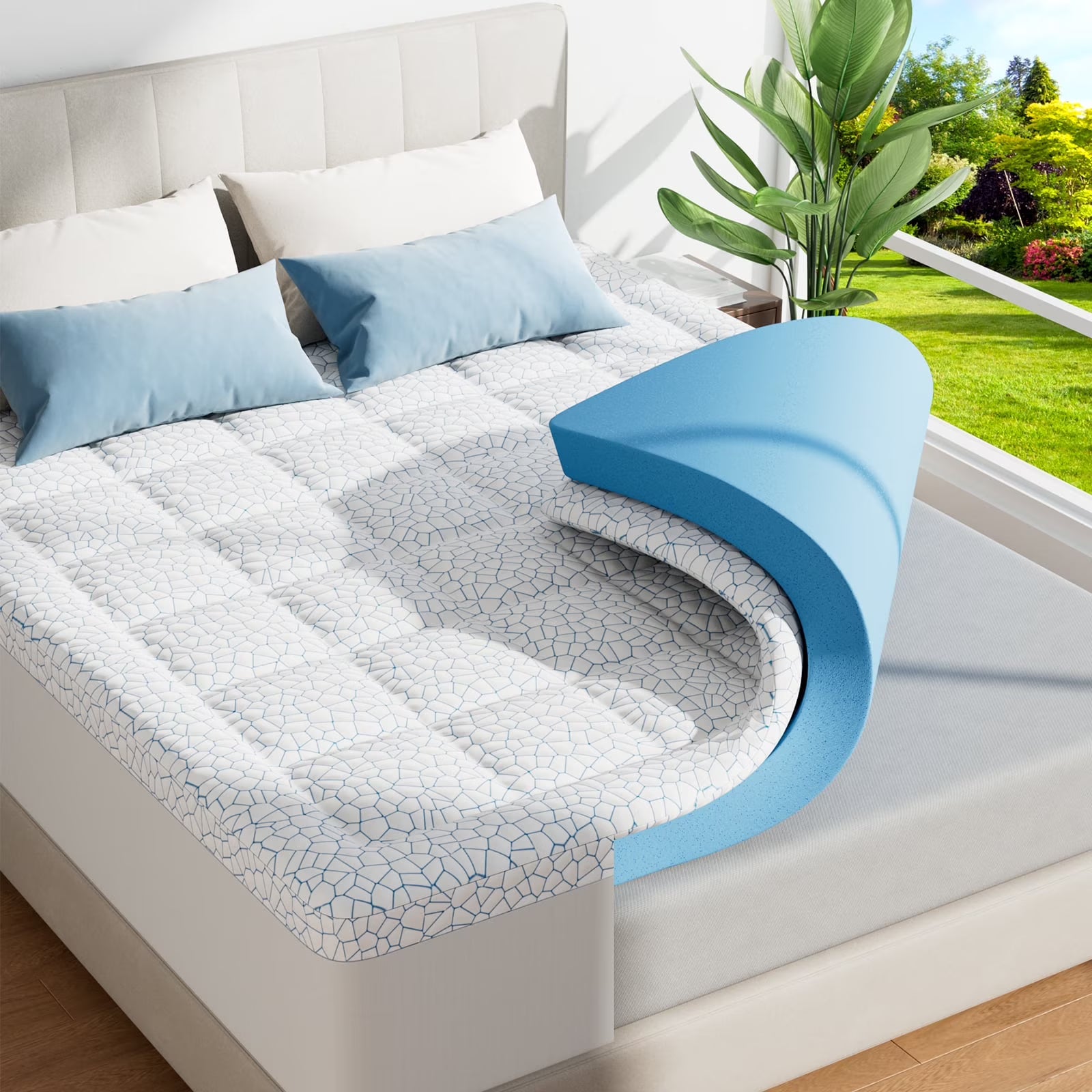 Fapo Queen Size Dual Layer 4 Inch Memory Foam Mattress Topper,Cooling Bamboo Surface,Including 2" 50D Gel Memory Foam and 2" 3D Desigh Soft Breathable Quilted Pillow Top Mattress Pad