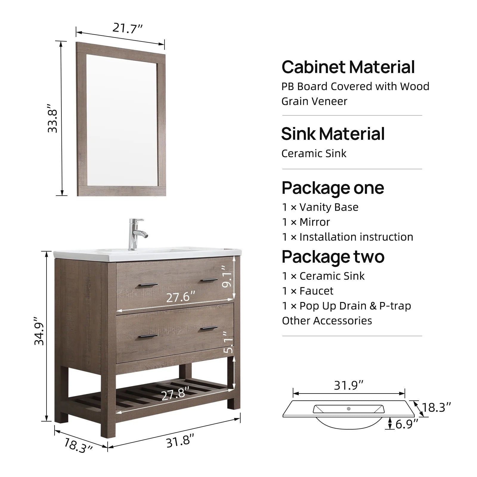 Wonline 32" PB Board Bathroom Vanity with Undermount Sink& Mirror