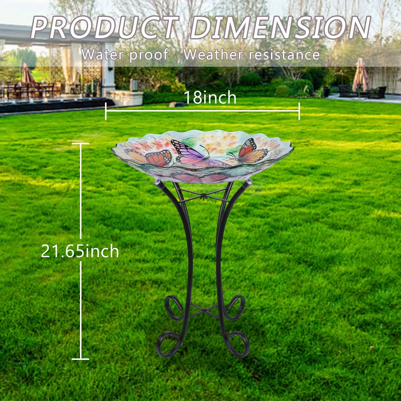 Glass Birdbath with Metal Stand Outdoor for Lawn Yard Garden Butterfly Decor, 18” Dia 21.65” Height