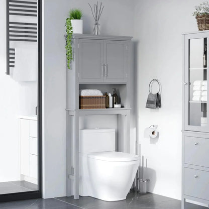 Kepooman Toilet Storage Cabinet, Toilet Organizer Cabinet,Modern Over The Toilet Storage Cabinet, Double Door Bathroom Organizer with Open Shelf, Grey