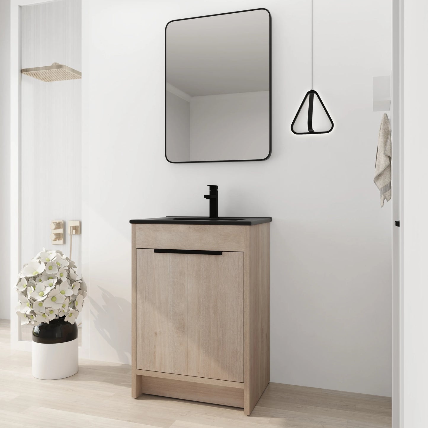 BNK 24/30/36 inch Freestanding Single Sink Bathroom Vanity with Soft Close Door and 1 adjustable shelf 24"W x 18.3"D x 35"H - Plain Light Oak